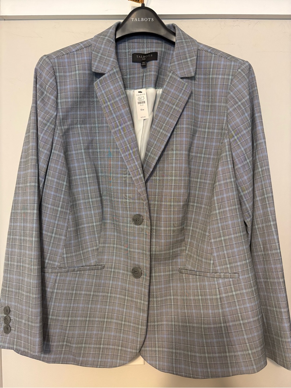 NWT Talbots Plus Women 18W Grey Blue Plaid Two Button Suit Jacket Blazer $219